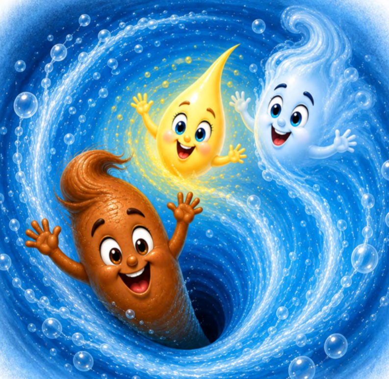 Original book illustration of the three friends in a blue swirling splash