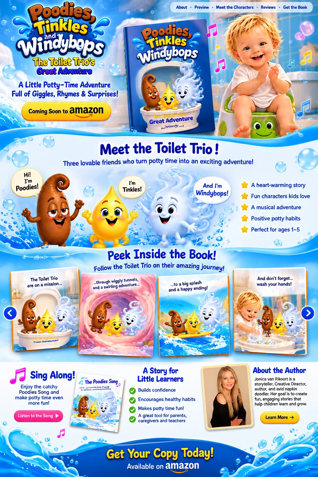 Illustrated Poodies, Tinkles and Windybops promotional artwork with the Toilet Trio, music, bubbles and book previews